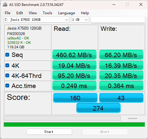 AS SSD Benchmark 对 SSD 的跑分详情